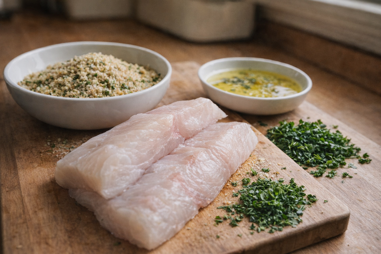 Close-up shot of raw haddock fillets on a cutting board, next to a bowl of breadcrumb mixture, fresh herbs, and melted butter